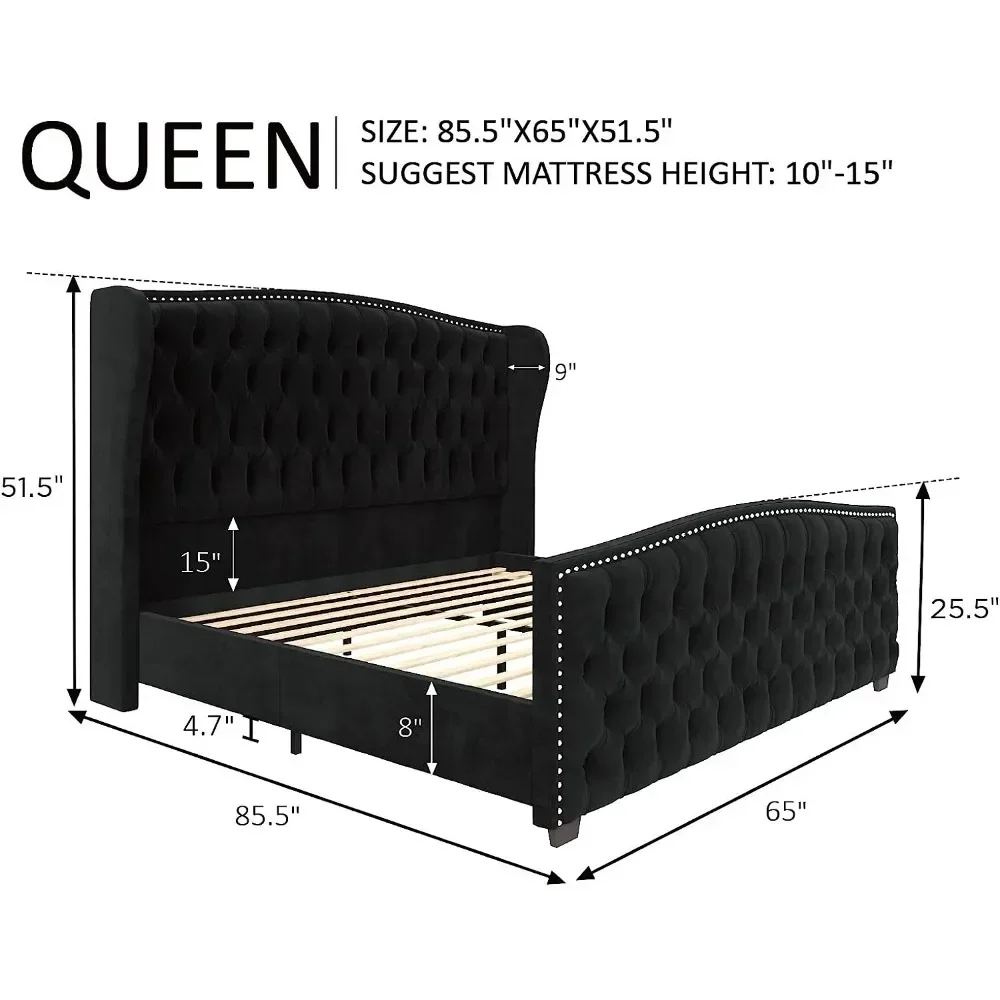 King Size Bed Frame, Velvet Upholstered Beds with Deep Button Tufted & Nailhead Trim Wingback Headboard, King Bed Frame