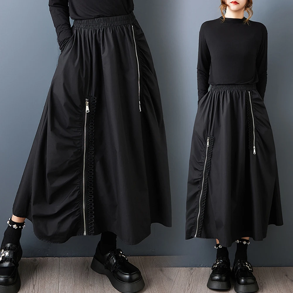 NYFS 2025 Autumn New Woman Skirts Female Elastic waist Loose Plus Size Solid Zipper pleats Long Skirt