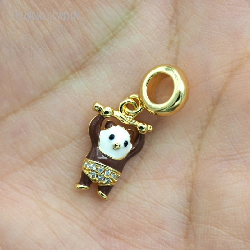 2Pcs Gold Color Wholesale Enamel Bear Animal Cat Metal Cubic Zirconia Browns Copper Invisible Setting Jewelry Pendant PM52865