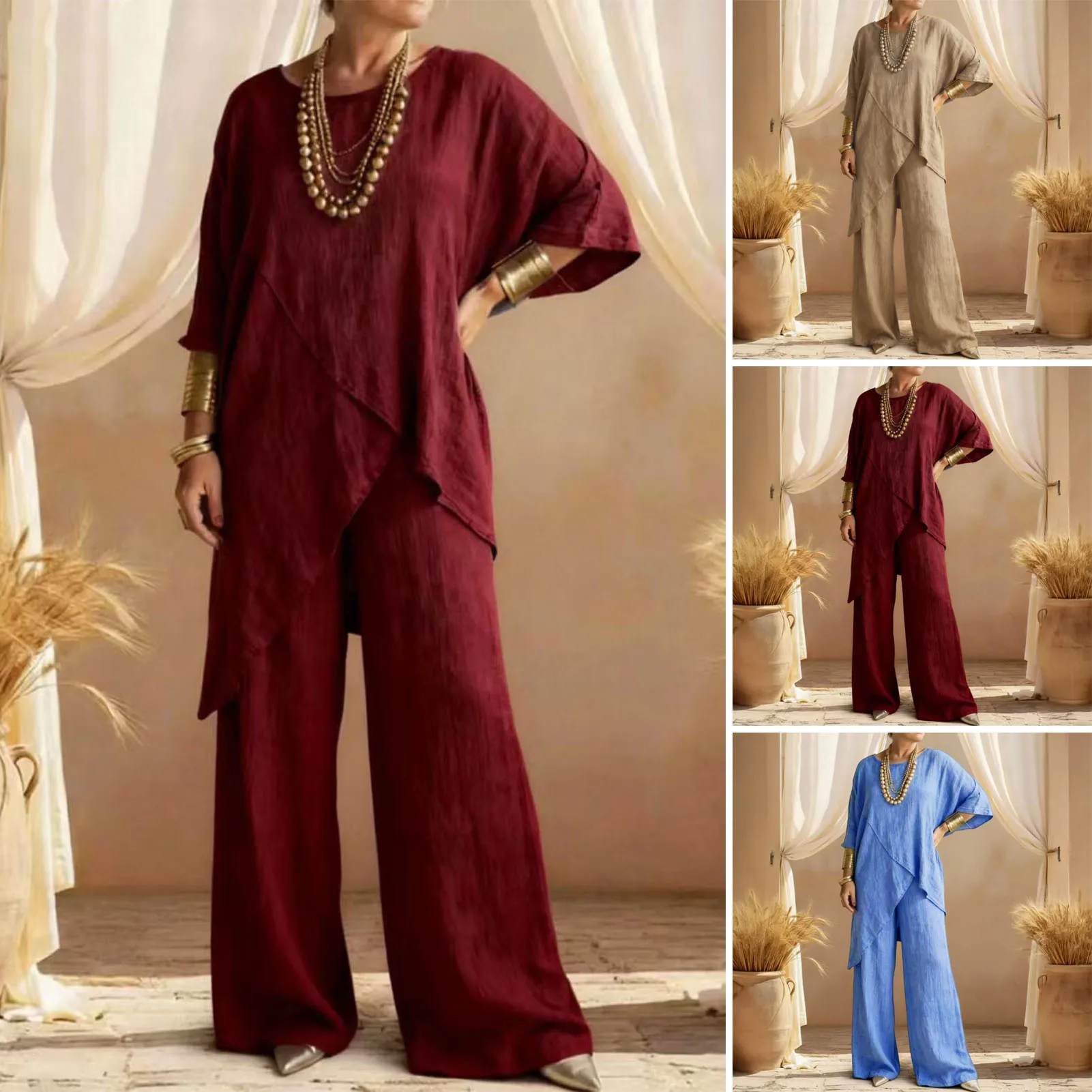 Ensemble 2 pièces coton lin femme vue complète - trois coloris