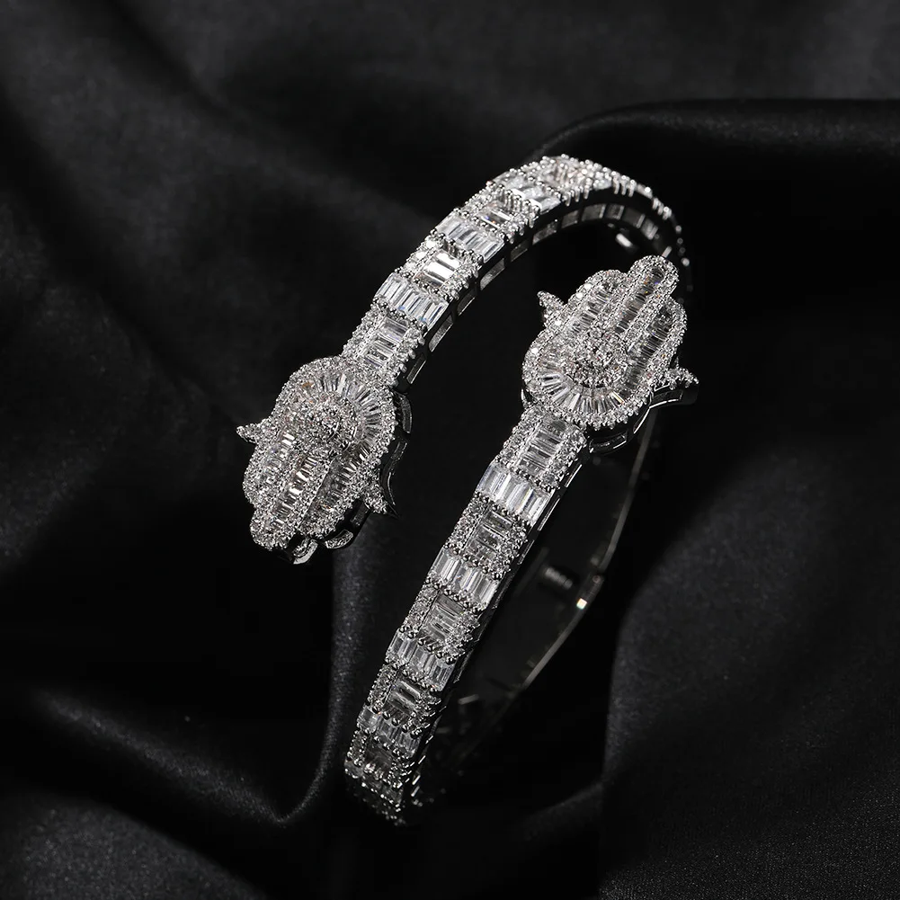 Hamsa Hand Bracelet Iced Out Zircon Bangle Men Hip Hop Fashion Luxury Style Personality Jewelry