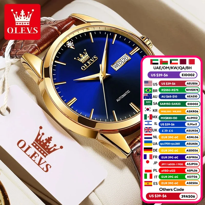 Mans Wrist Watch OLVES 6629 Simple Fashion Automatic Mechanical Watches For man Leather Strap Gold Date Week