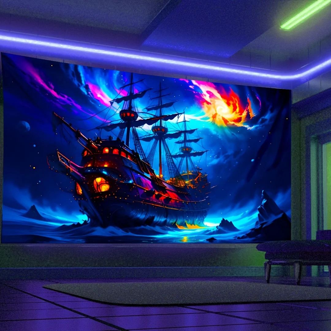 Majestic Pirate Ship Ocean Tapestry Wall Hanging Blue Cosmic Sky Nautical Fantasy Art Polyester Decorative Canvas Print Room Dec