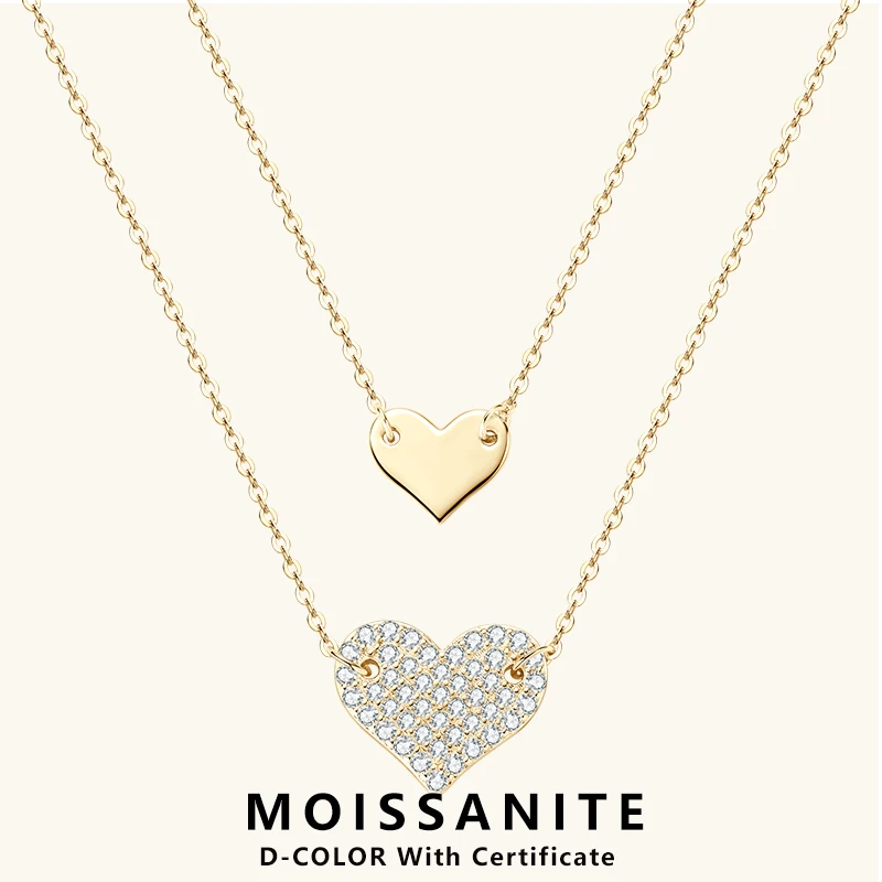 

Lnngy Collar Plata 925 Sterling Silver Heart Pendant Necklace 1.5mm&1.3mm Moissanite Necklaces For Women Double Chain Jewellry