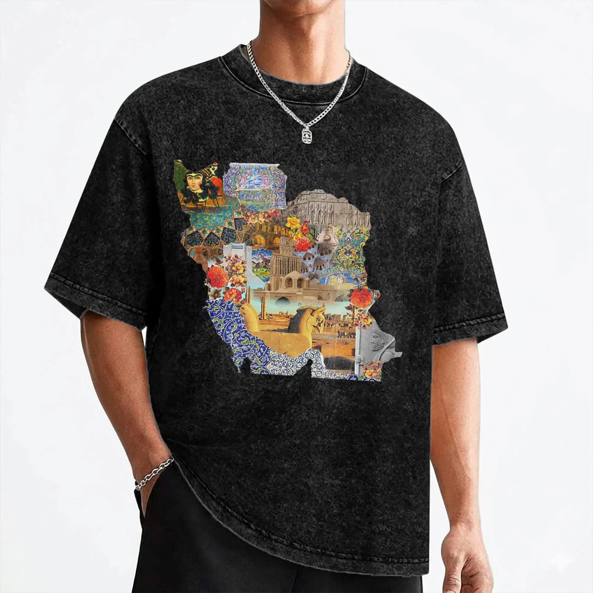 Iran Persian Map T Shirts Washed Cotton Harajuku T-Shirts  Vintage for Men Women Streetwear Printed Tops Tees