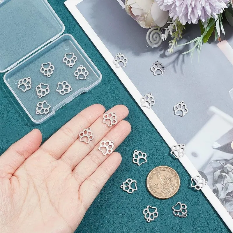 20Pcs 12.9mm Dog Paw Prints Charm Stainless Steel Pendants 1.5mm Small Hole Metal Hollow Charms for DIY Chain Jewelry Making