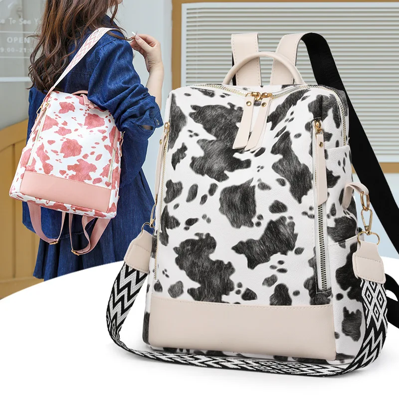 PU leather spliced contrasting color women's backpack with simple bow and large capacity travel backpack