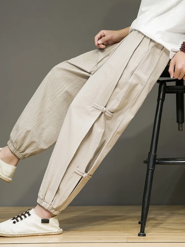 

New Chinese Sle Men's Summer Thin Loose Breathable Linen Nine-Piece Pants Faionable Retro Button Harlan Loose Fit Casual ...