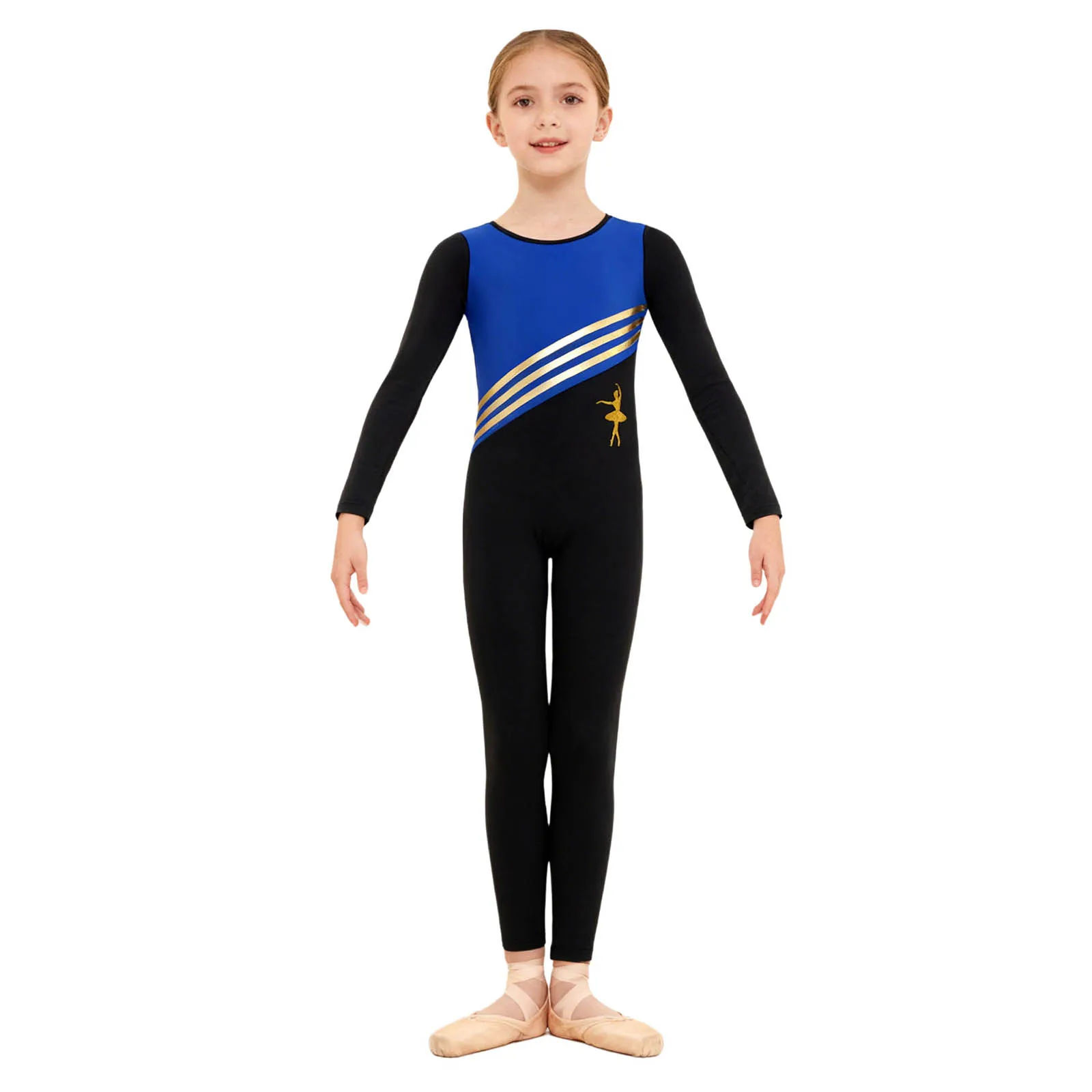 

Kid Girls Acrobatic Gymnastics Jumpsuit Fleece Lined Long Sleeve Color Block Legging Leotard Bodysuit Dancewear Training Clothes