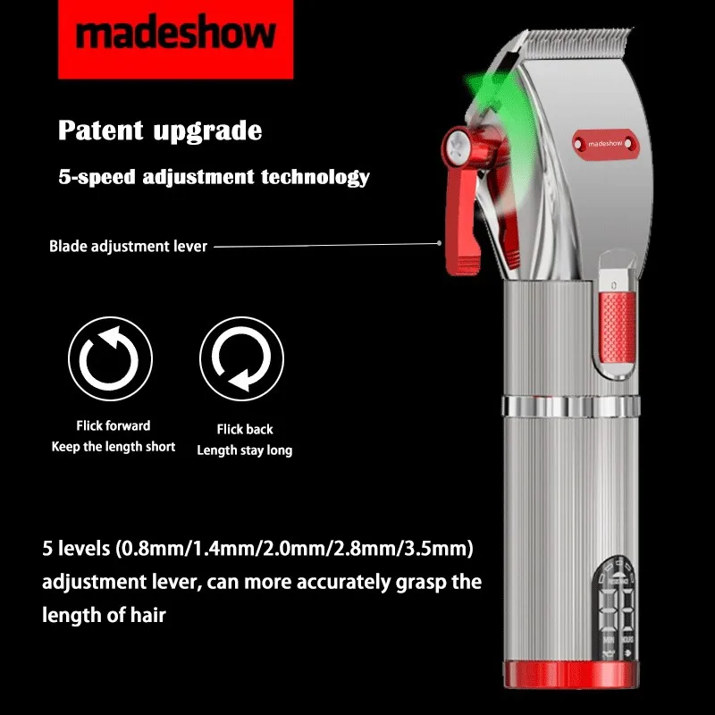 Madeshow M5 M6,Professional Cordless Hair Clipper, Men's Barber Beard Trimmer, All Steel T-shaped Cutter Head,Metal Body Barber