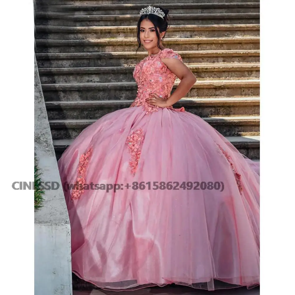 Vestido de princesa rosa para quinceañera, traje de manga larga con hombros descubiertos, brillante, para fiesta de cumpleaños, 16, 2021