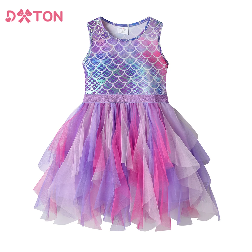 DXTON-vestidos sin mangas de verano para niñas, vestido de princesa de tul Irregular, fiesta de sirena, Disfraces para niños pequeños de 3 a 12 años