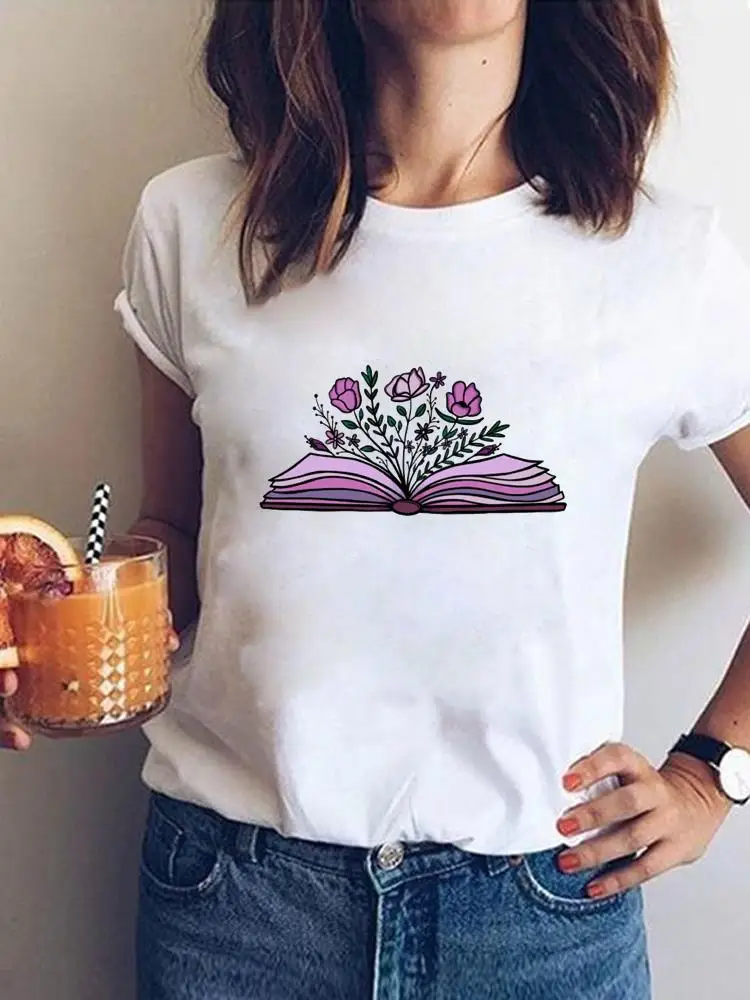 

Female Graphic Tee Women Clothing T-shirts Flower Book Trend 90s Print Summer T Short Sleeve Casual Ladies Fashion