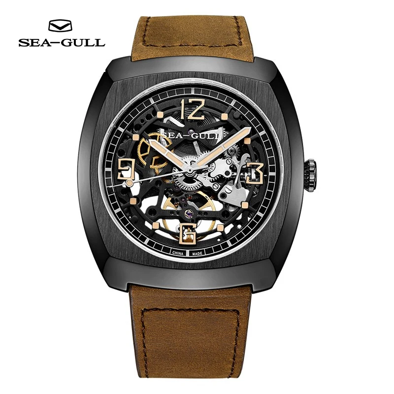 Seagull Watch Men\'s Automatic Mechanical Watch Wine Barrel Mechanical Skeleton Watch Business Belt Watch Luminous 6094