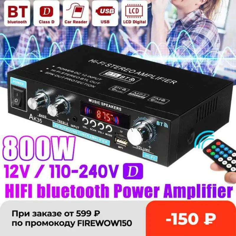 bt Home Digital Amplifiers Audio 110-240V Bass Audio Power Amplifier Hifi FM Auto Music Subwoofer Speakers