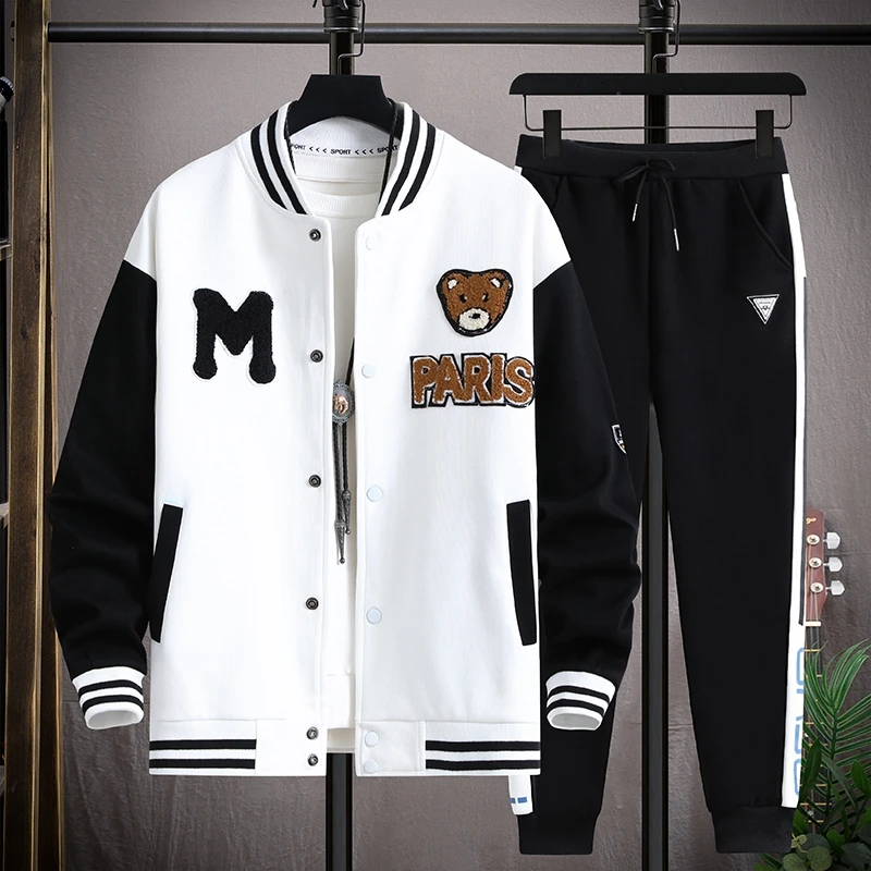 Men Sports Tracksuits Sets Hooded Baseball Uniform Set Spring Autumn Casual Loose Fit Couple Sportswear