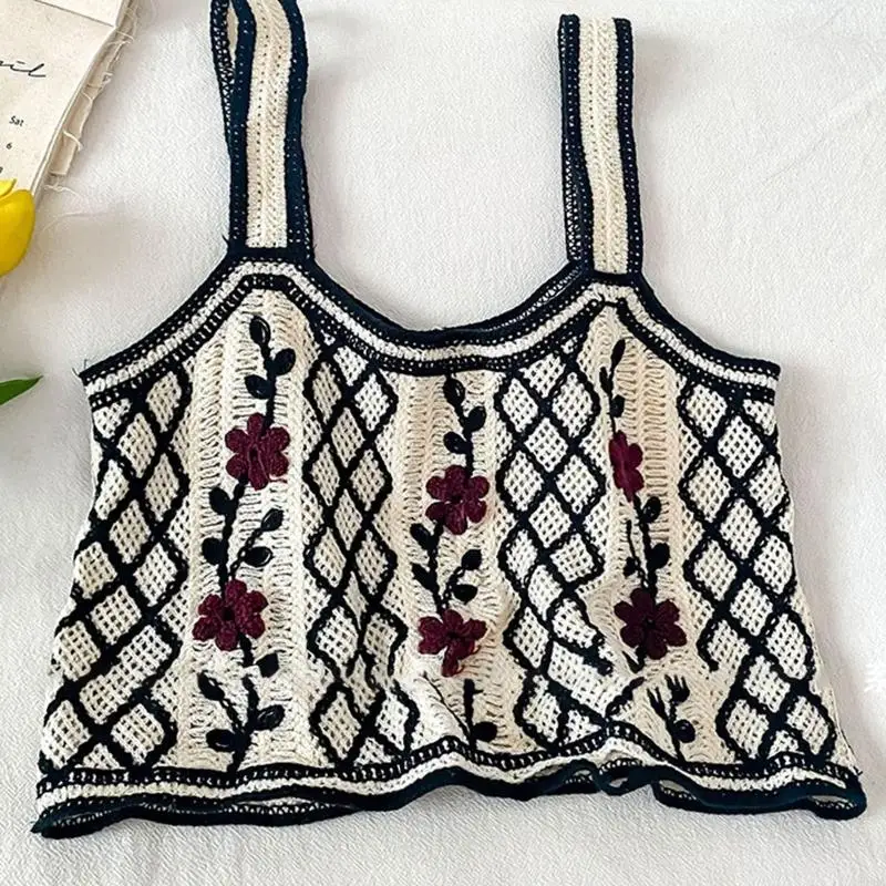 P88A Women Spring Knitted Sleeveless Sweater Vest Vintage Crochet Diamond Check Plaid Mini Crop Top Embroidery Floral Vine for