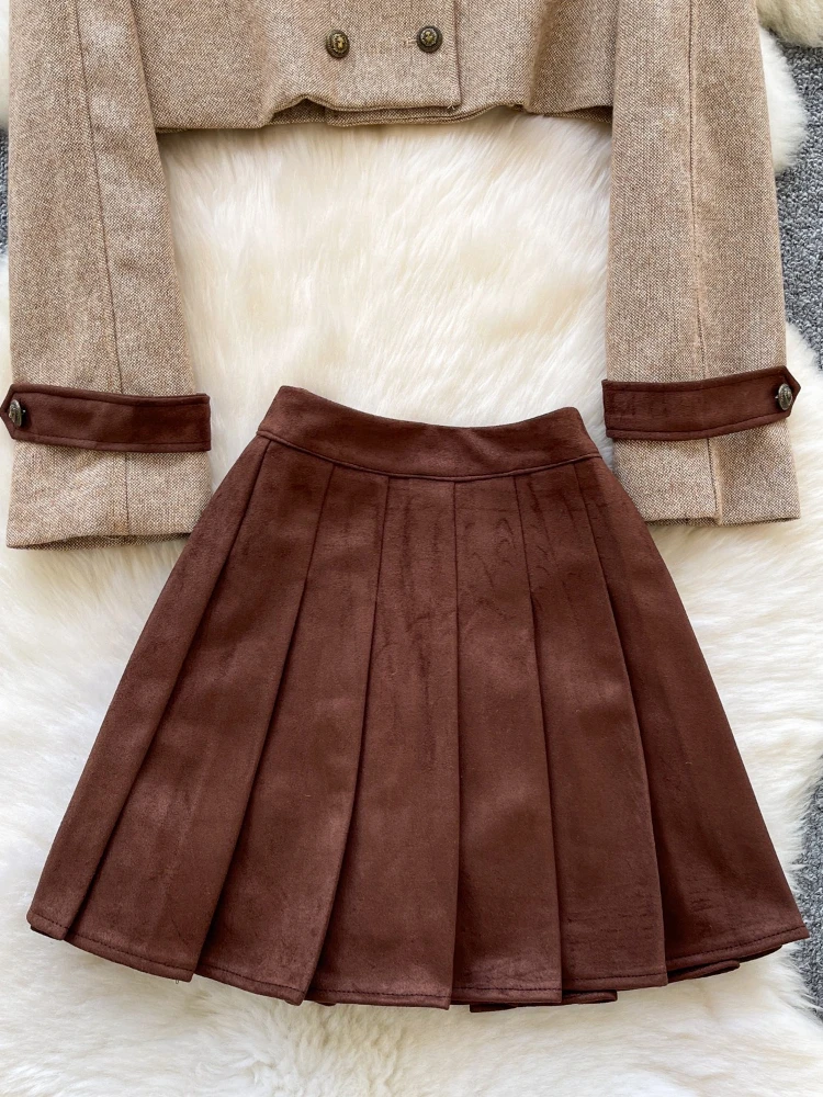 French Fashion Elegant Lapel Two Piece Set Women Autumn Winter Retro Slim Double Breasted Short Jacket + Pleated Skirt Outfit