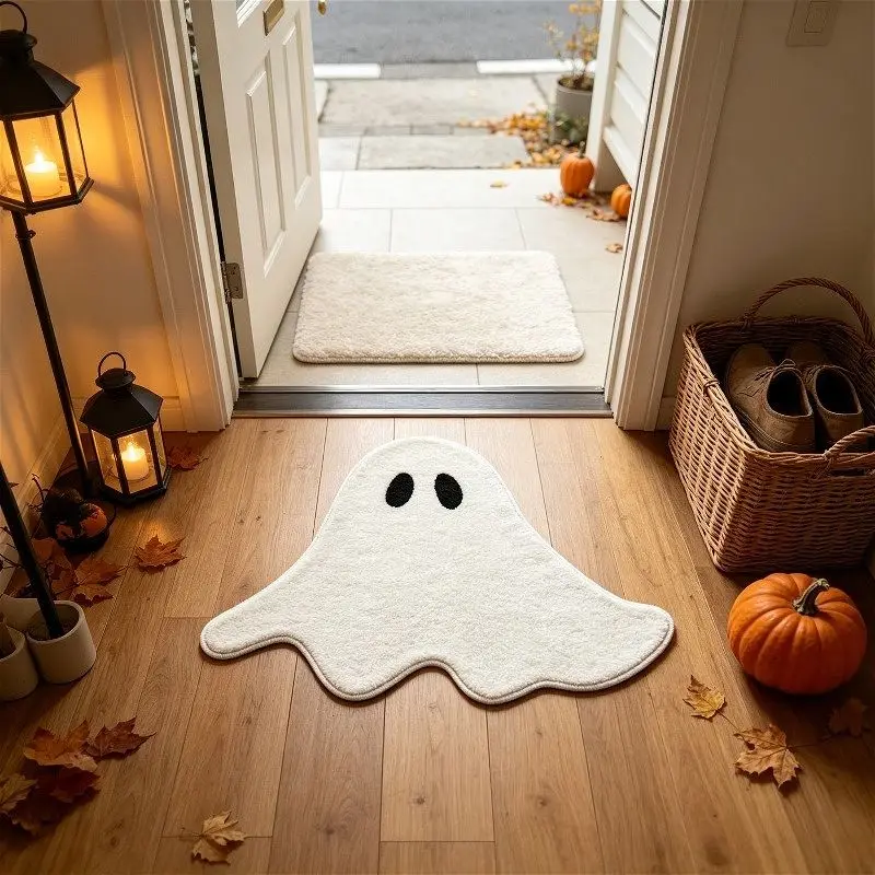 VIKAMA White Ghost Shaped Rug Halloween Cute Non Slip Soft Fluffy Irregular Floor Mat Entrance Bathroom Decor Carpet