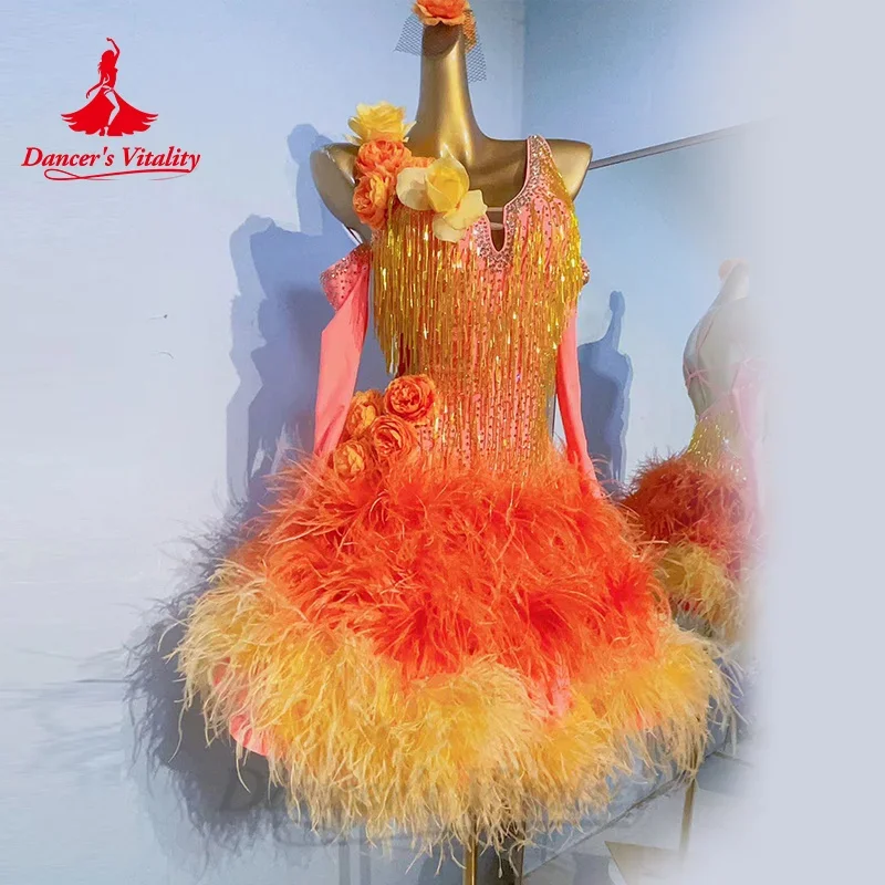 

Latin Dance Costumes Senior AB Stones Feather Tassel Dress Women's Customization Chacha Tango Professional Performance Costume