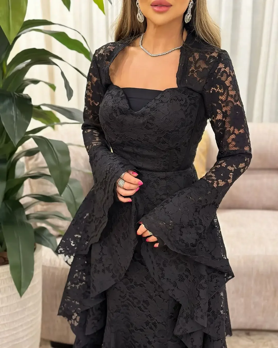 Elegant Mermaid Long Sleeves Prom Dresses Pleated Lace Floor Length Party Dresses Evening Dresses