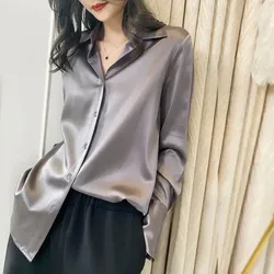 Brand Quality Luxury Women Shirt Elegant Office Button Up Long Sleeve Shirts Momi Silk Crepe Satin Blouses Business Ladies Top