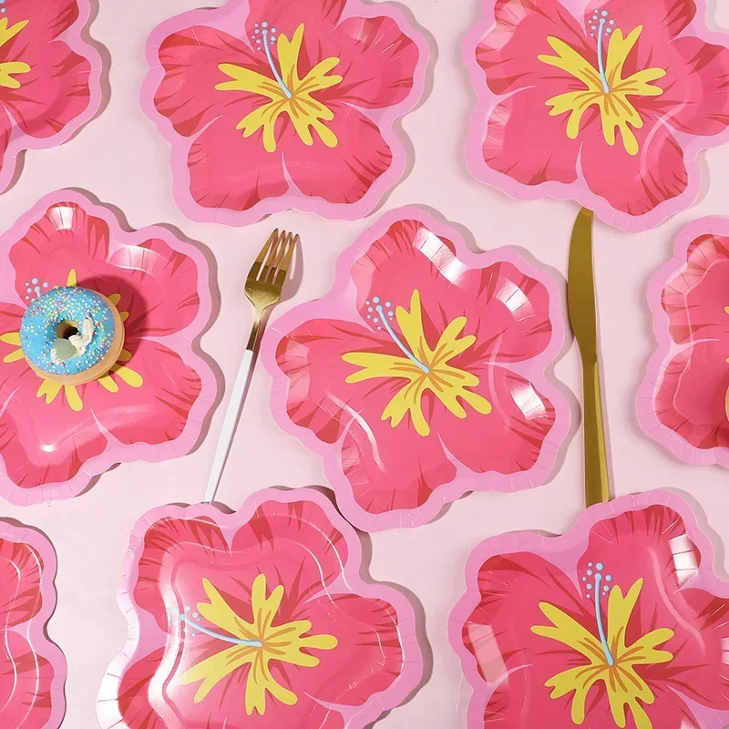 Hibiskusblütenförmige Pappteller, hawaiianische Luau-Partyartikel, tropisches Partygeschirr, Einweg-Dessertgeschirr für Sommergeburtstage – Detail 3