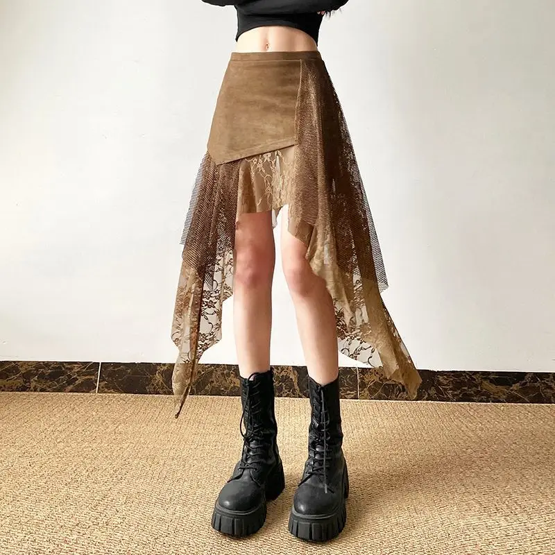 Retro Lace Floral Irregular Mesh Perspective High-Waisted Skirt Women Summer New Niche Design A-Line Short Skirt