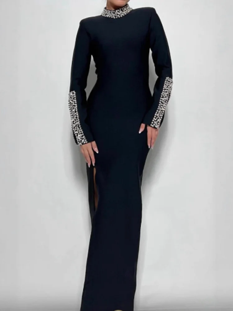 Elegantes, luxuriöses Pailletten-Abendkleid für Damen, Rundhalsausschnitt, hohe Taille, geteilt, lange Ärmel, schmales Abendessen, Abschlussball, Partykleid, Maxikleider