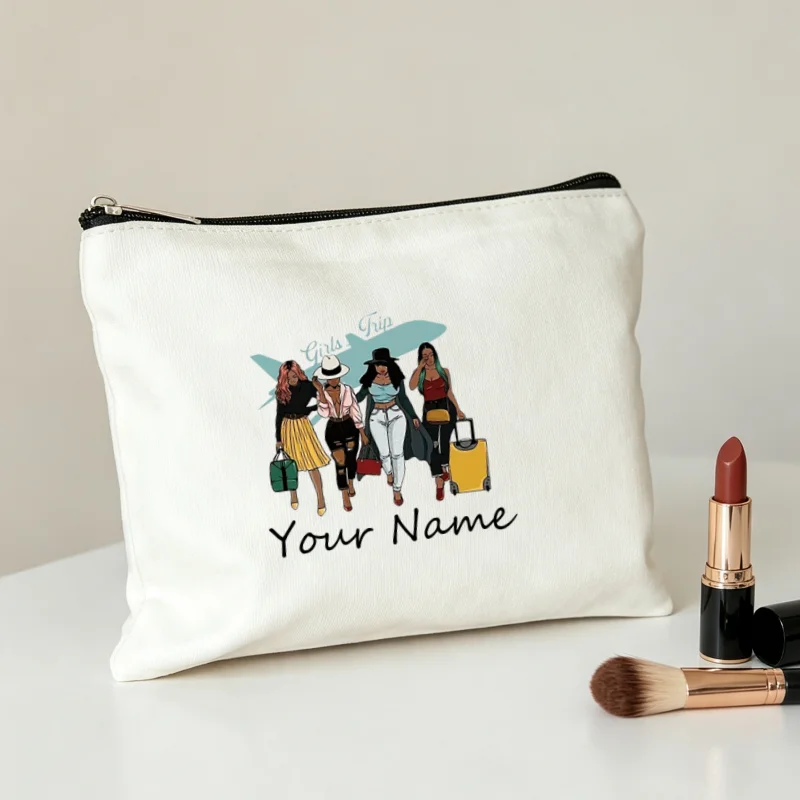 Girls Trip Makeup Bag Custom Name Travel Friends Canvas Cosmetic Pouch Vacation Toiletry Case Gift for Women Friends Make Up Bag