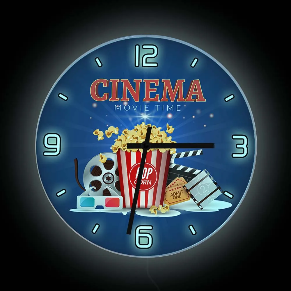 

Movie Time Cinema LED Neon Sign Lighted Clock Popcorn Filmstrip Clapboard Ticket Advertisement Electric Sign Clock Glow In Dark