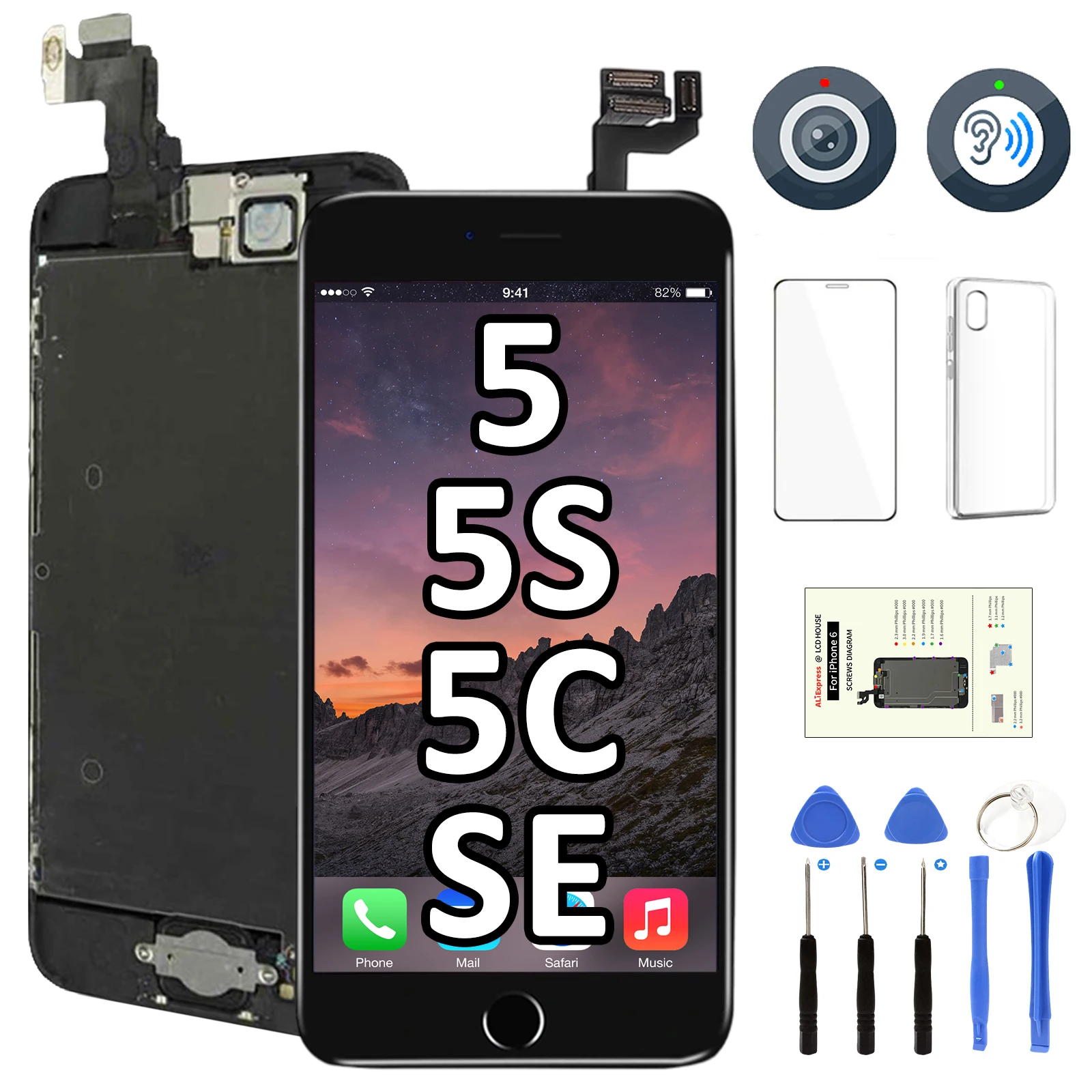 LCD For iPhone 5 5C 5S SE Display Full Set Assembly Touch Screen Digitizer Replacement Front Glass+Camera+Earpice+Home Button