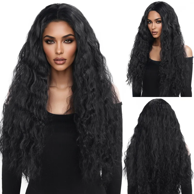 

African women's fashion wig, black small curly hair with water waves, corn perm, middle-parted bangs, full headpiece