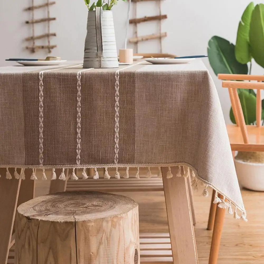 Waterproof Tablecloth for Rectangle Tables Cotton Linen Blend Stain Resistant Fringed Trim 140x180cm to 140x300cm