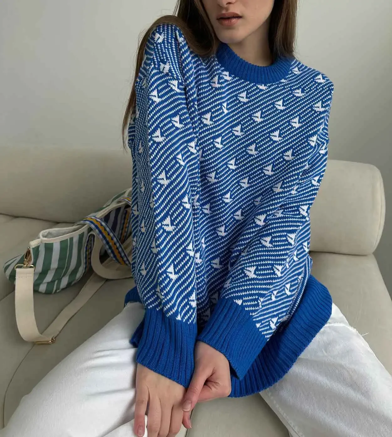Fashion Boat Print Loose Sweater Women Autumn Winter Casual Long Sleeve Knitwear Pullover Tops Streetwear Female Y2K Clothes
