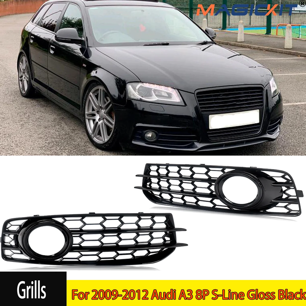 For 2009-2012 Audi A3 8P S-Line Gloss Black Front Bumper Fog Light Grille Covers