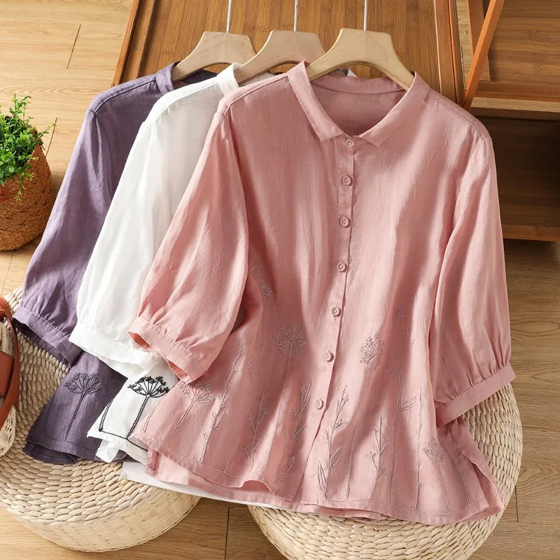 Chinese Style Women's Blouses Vintage  Embroidered Shirts Fashion Loose Summer Clothing Short Sleeves Cotton Linen Women Tops