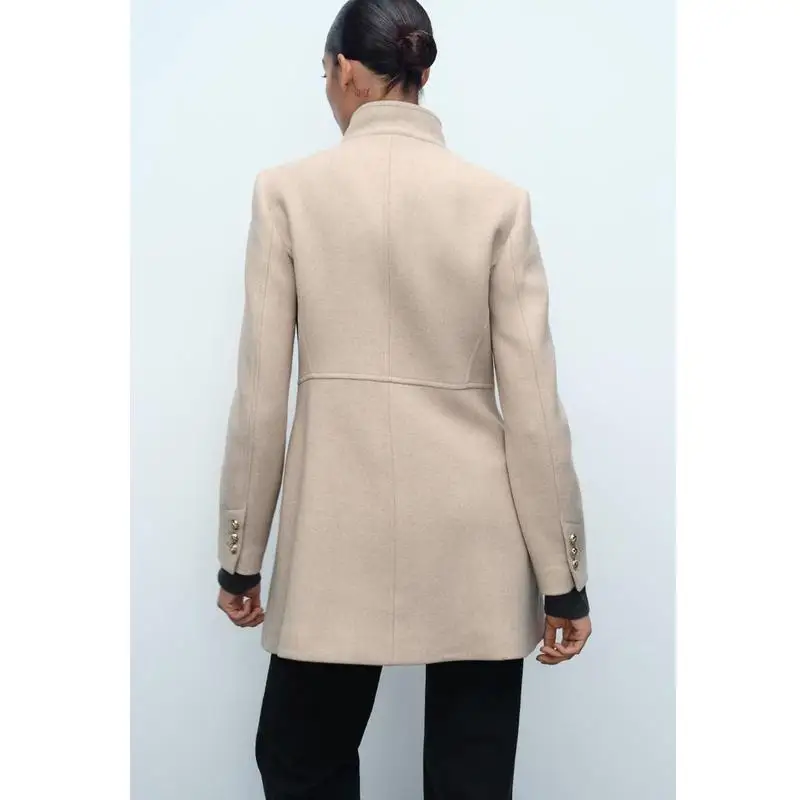 

Golden Button Wool Blend Double Breasted Stand Collar Coat New Autumn Winter Women's Faion Commute Slim Fit Long Sve Coat