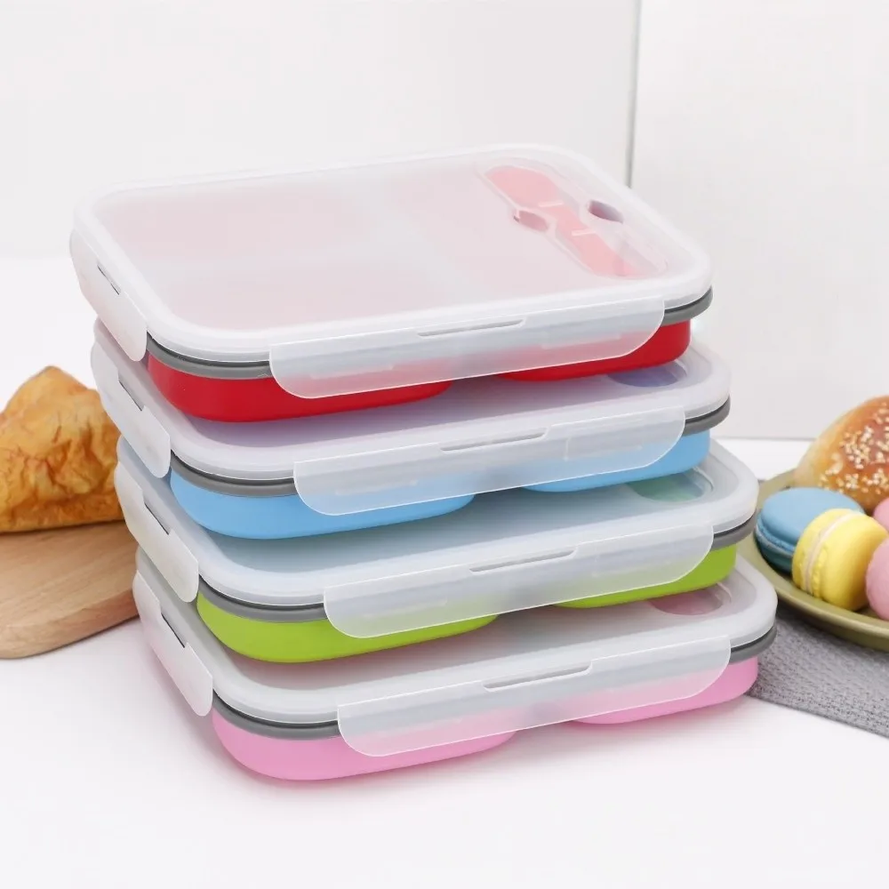 

1350ml Microwaveable Silicone Lunch Box Large Capacity Airtight Foldable Lunch Box with Spork High-temperature Resistant