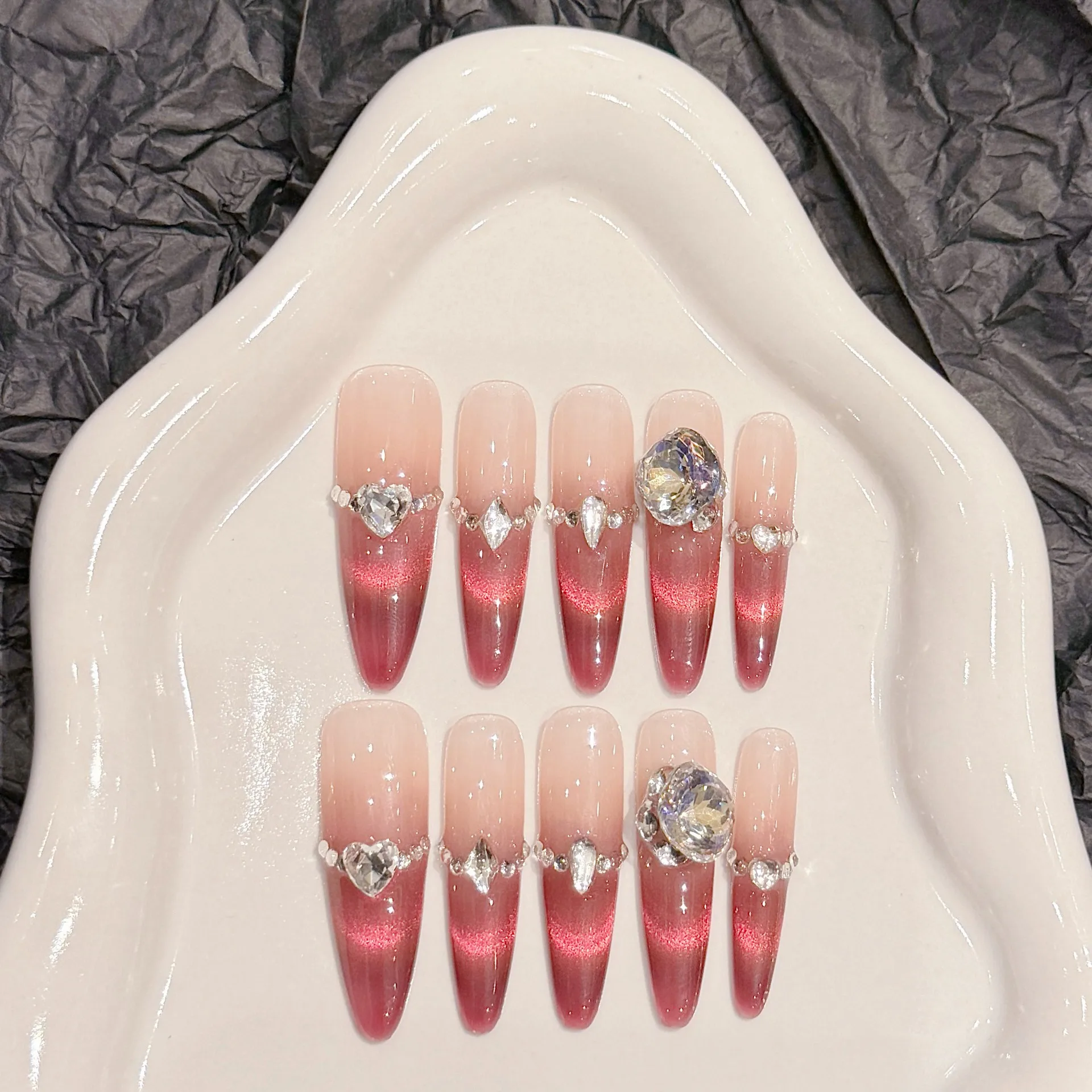 

10pcs Red Cat's Eye Handmade Press on Nails Tips Gradient French Long Almond Fake Nail Art with Rhinestones Design False Nails