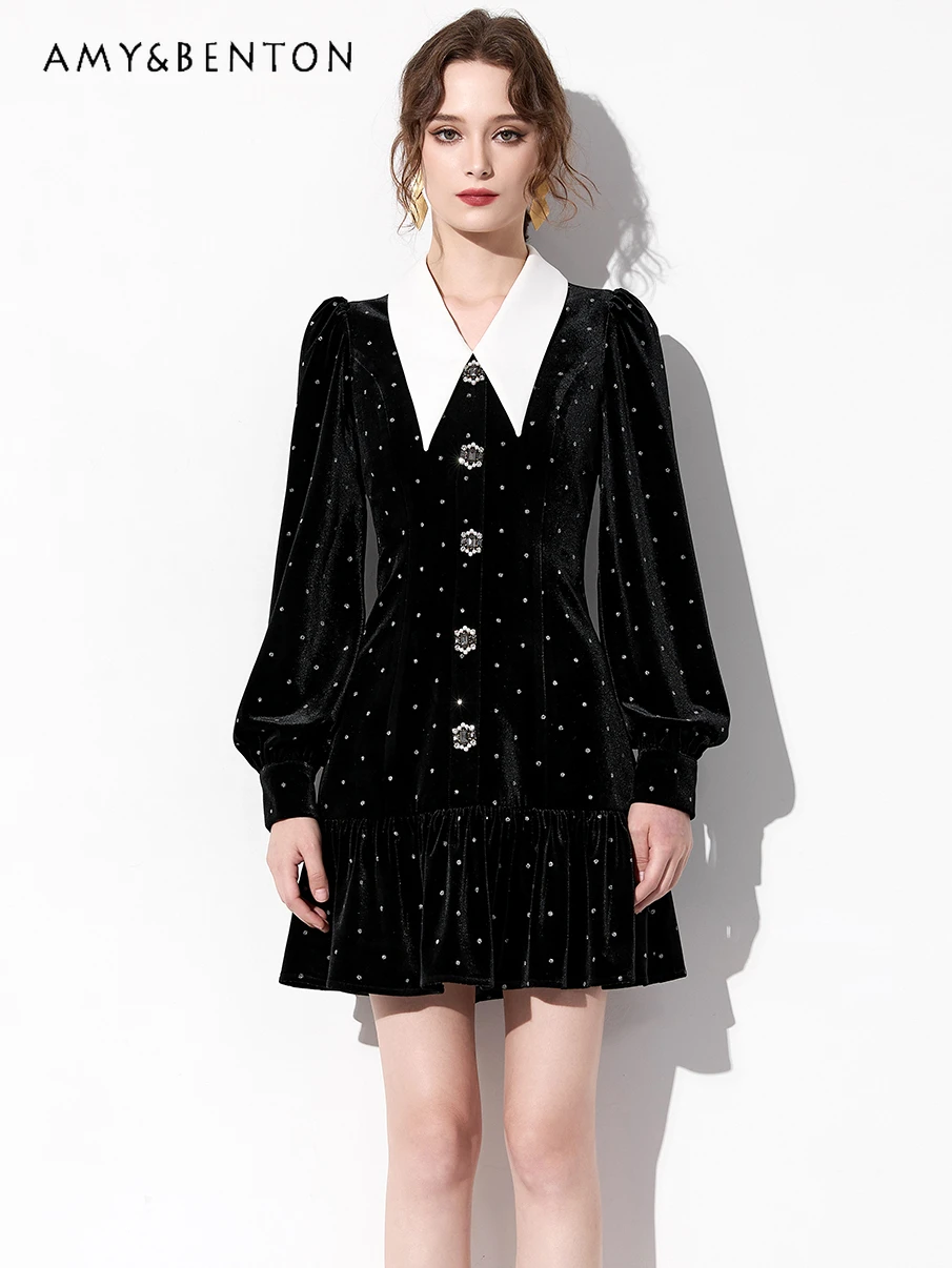 

Elegant Graceful Socialite Dot Printed Puff Sleeve Velvet Dress for Women 2024 Early Spring Sweet Doll Collar Fishtail Dresses