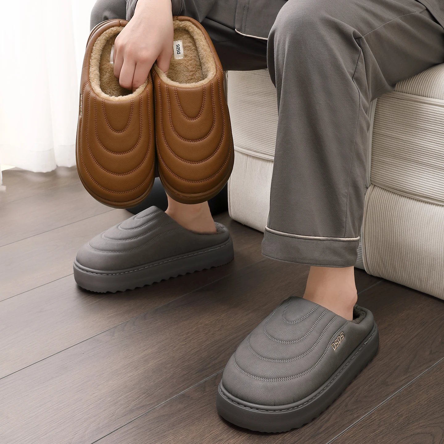 Winterwarme Plüsch-Hausschuhe, wasserdicht, rutschfest, mit dickem Fell, für drinnen und draußen, gemütliche Schuhe für kaltes Wetter, für Damen und Herren. – Detail 14