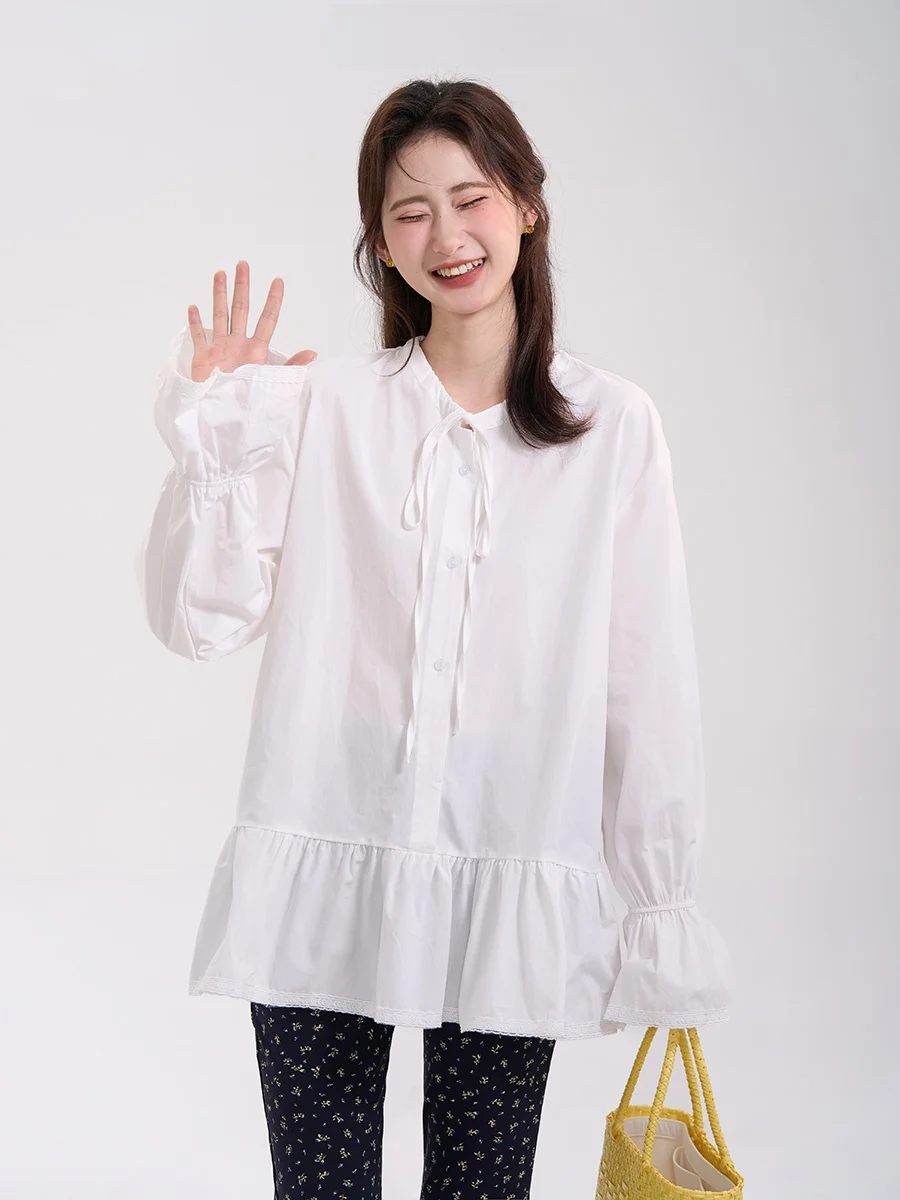 

French Country Sweet Tea Inspired Long Sve irt for Women White Ruffle Hem Design Bow Tie Loose Fit Korean Sle irt