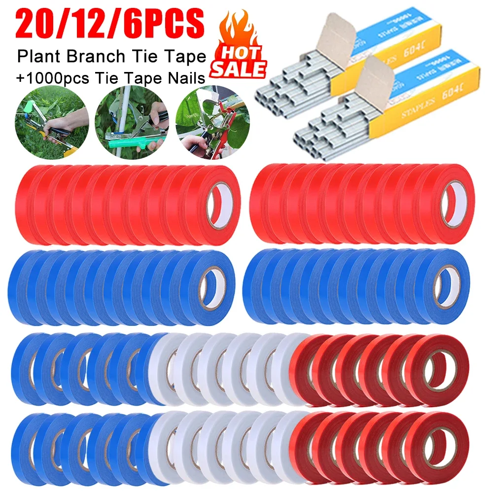 20/12/6PCS Plant Branch Tie Tape Hand Tying Binding Tools with1Box Staple For Garden Tying Machine Vegetable Fruit Tree Tapenter