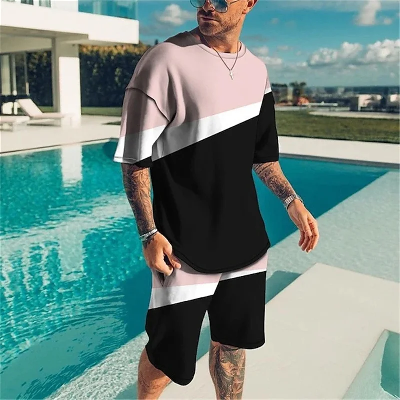 Summer New Casual Men's Splicing Printed T-Shirt Suit Fashion Street T-Shirt Loose Oversized Breathable Soft Short Sleeve Shorts