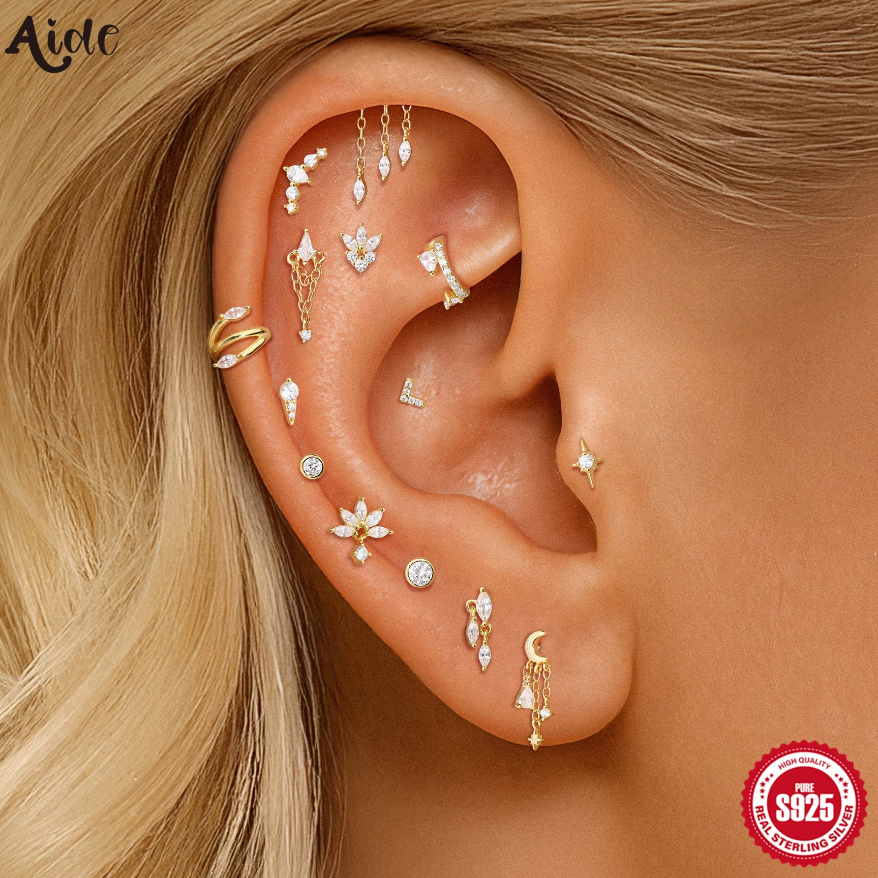 Aide S925 Sterling Silver Assorted Zircon Ear Stacking Piercing Stud Flower Star Moon Dangle Cartilage Jewelry Valentine Gift