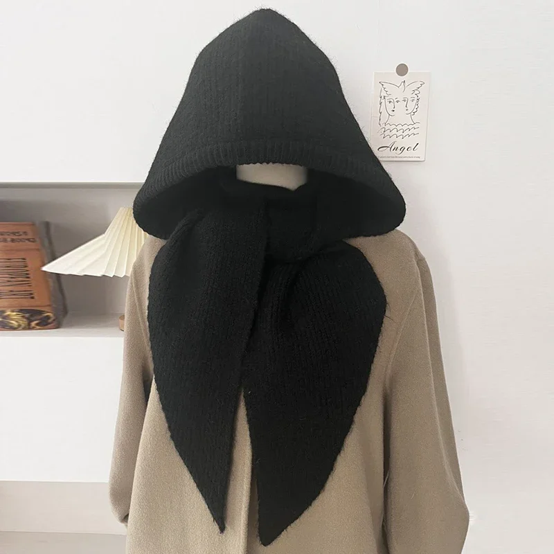 Winterwarme Woll-Strickmütze mit Falschem Schalkragen, Kapuzenpullover und Einteiligem Nackenwärmer für den Außeneinsatz bei Kälte – Detail 22