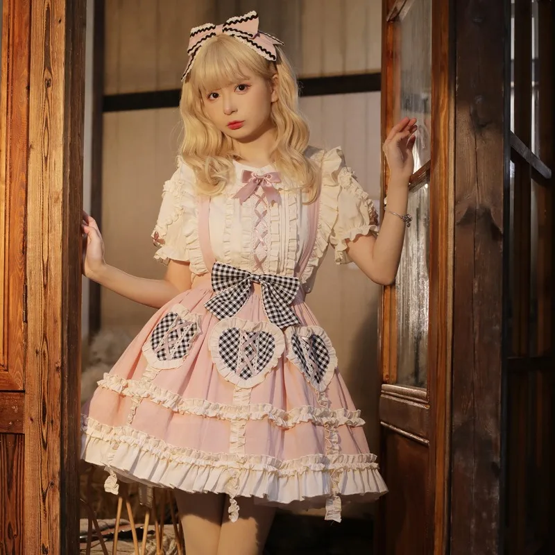 

Japanse Kawaii Lolita Strap Skirts Cute Shirt Set Harajuku Sweet Top SK Outfits for Women Anime Tea Party Elegant Dress