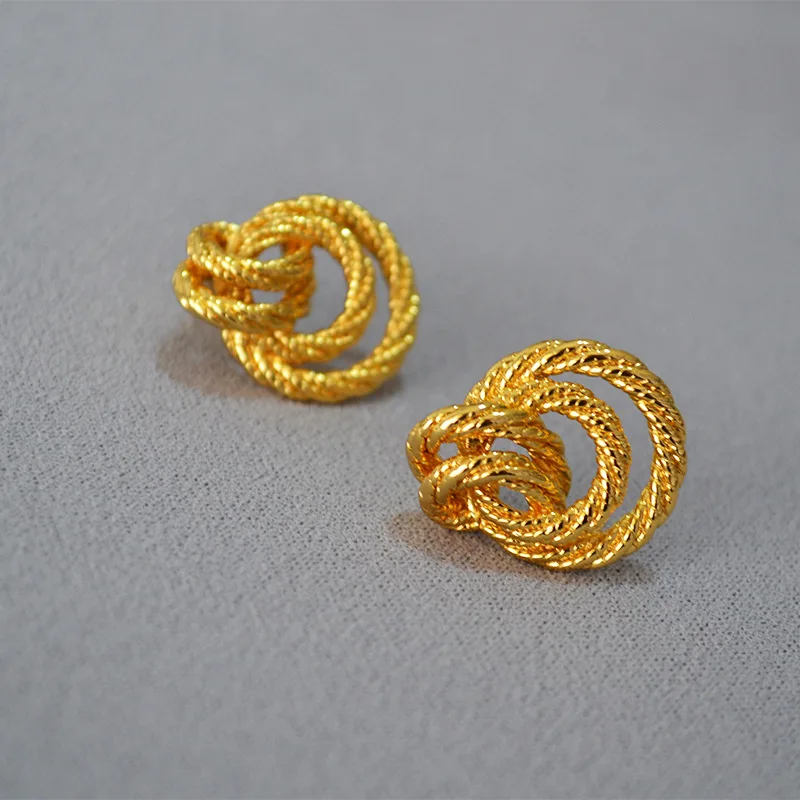 WT-E717 European Small Medieval Twist Wrapped Braided Brass Gilded Atmosphere Exaggerated 925 Silver Needle Earrings