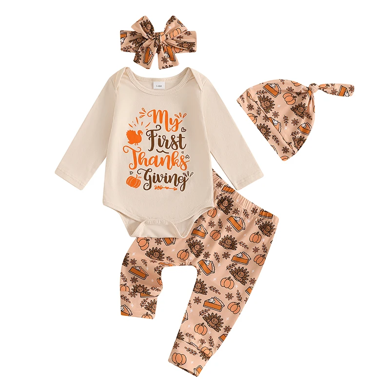 

Baby Boys Girls Thanksgiving Outfits Letter Print Rompers Pie Pumpkin Turkey Print Long Pants Hat Headband 4Pcs Clothes Set